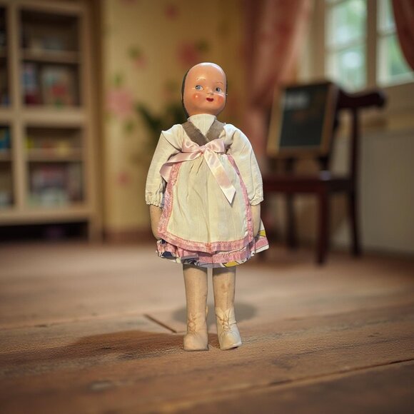 Vintage Polish Sawdust  Folk Art Cloth Doll 14” Cloth Composition Mask Face - Picture 2 of 13